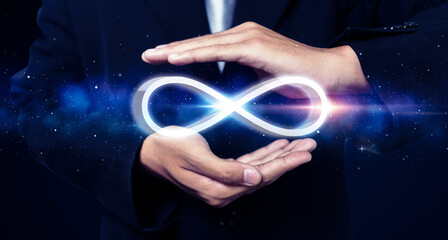 Leinwandbilder - Businessman holding infinity symbol connection dots data technology, future limited to unlimited infinite sign resource power supply internet information usage vector illustration blue background