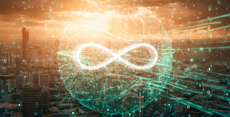 Leinwandbilder - Infinity symbol connection dots data technology, user usage data storage information speed cloud storage unlimited data internet, infinite sign resource, vector illustration cityscape background