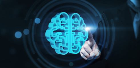 Poster - Businessman analyzing data for business growth increasing sales, marketing, development, networking, with ideas innovation planning strategy, futuristic brain hologram blue background