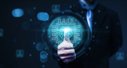 Poster - Businessman analyzing data for business growth increasing sales, marketing, development, employee management, with ideas innovation planning strategy, futuristic brain hologram blue background