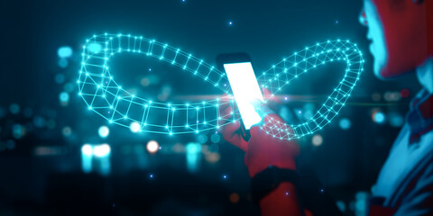 Leinwandbilder - Businessman using mobile phone technology with infinity symbol connecting unlimited internet data usage speed, infinite data user storage cloud computing cyberspace network, city blue background