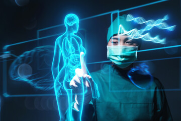 Asian female doctor specialist surgeon using computer human body anatomy display screen technology artificial intelligence assistance AI, operation simulation augmented reality medical healthcare tech