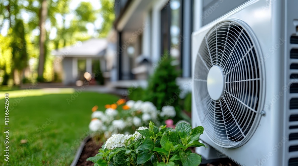 An outdoor air conditioning unit is pictured beside vibrant flowers ...