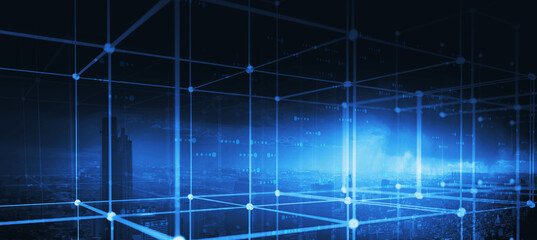 Leinwandbilder - Business city abstract banner blue background, cityscape modern futuristic wireframe technology concept with graphics illustration.