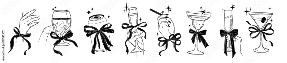 Alcohol cocktail icon set vector female hand, coquettish ribbon bow ...