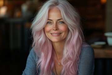 Canvas Print - Woman with long pink hair and a necklace. She is smiling. She is sitting at a table. older beautiful natural woman having fun wearing pink