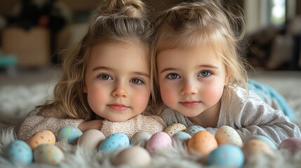 Wall Mural - little siblings enjoying easter time together in home.stock image