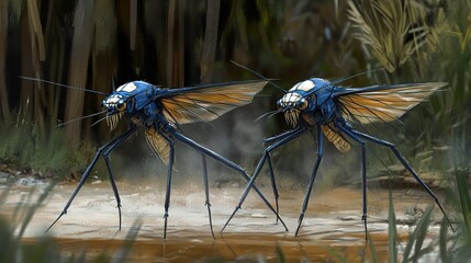 Wall Mural - Two Blue Fantasy Insects in a Swamp