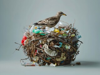 Bird s Nest Made of Plastic Waste Showcasing Animal Adaptation to Polluted Environments