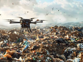 Poster - futuristic drone collecting garbage from remote areas for sustainable waste management