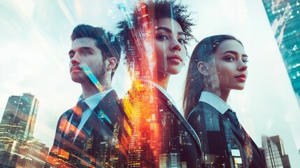 Diverse business team overlaid on vibrant cityscape, blending professional attire with urban energy. Futuristic double exposure portrays ambition and innovation.