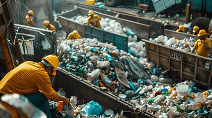 Poster - Busy Recycling Facility with Workers Sorting Heaps of Garbage and Recyclables