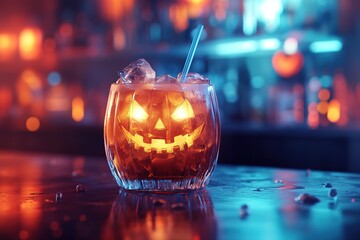 A spooky Halloween cocktail in the shape of an illuminated jack-o'-lantern, served on a bar counter with pumpkins and spider webs around it. The drink is red or orange, decorated to look like a pumpki