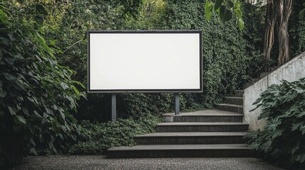 Blank white billboard stands atop concrete steps, surrounded by lush green foliage in an urban park setting, offering a serene backdrop for advertising or art.