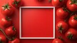 © Maria Mikhaylichenko - Fresh ripe tomatoes surround a white square frame on vibrant red background, creating a striking contrast and modern composition for food photography.