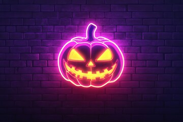 Glowing neon pumpkin for Halloween, radiating a vibrant yellow hue. This eye catching design element adds a festive and spooky touch to Halloween decorations, greeting cards, social media posts.
