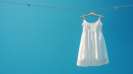 Wall Mural - white lace dress hanging on a clothesline with blue sky background