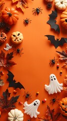 Halloween decorations on vibrant orange background: pumpkins, ghosts, bats, spiders, and autumn leaves create a festive and spooky seasonal display.