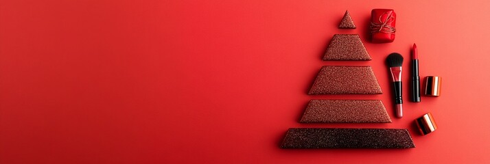 Festive geometric Christmas tree made of glittery bronze triangles with makeup brushes and cosmetics on vibrant red background, holiday beauty concept.