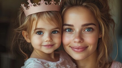 Wall Mural - mother after giving birth as a queen daughter giving mom a paper crown admiration love for mothers concept of mother day and women strength.stock image