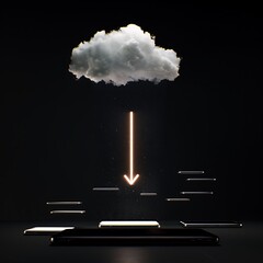 A cloud emits a downward light beam towards floating platforms, symbolizing data transfer or cloud technology concepts.