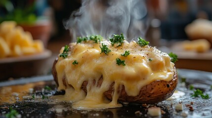 Steaming Baked Potato Topped with Melted Cheese and Parsley