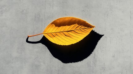 Wall Mural - A single yellow autumn leaf lies on a textured gray surface, casting a distinct shadow in bright sunlight