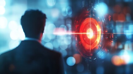Poster - A figure gazes at a futuristic target interface, blending technology and contemplation.