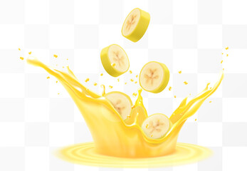 Wall Mural - fresh fruit banana juice. yellow ripe banana falls into a splash of juice, isolated on transparent b