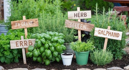 Herb garden with fragrant plants and rustic wooden signs