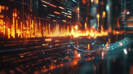 Poster - Abstract digital visualization of data with glowing elements and wave patterns.