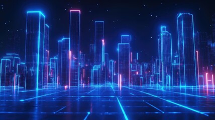 A glowing digital cityscape with a blue light matrix and rising energy cubes, hyper-detailed and futuristic, empty space for advertising