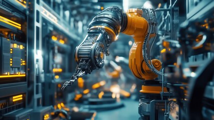Poster - A futuristic robotic arm in a high-tech industrial setting, showcasing automation technology.