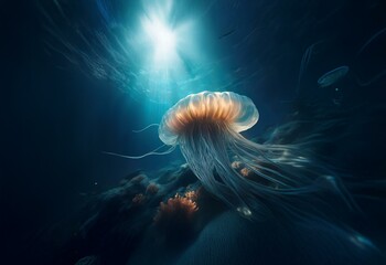 Poster - A large jellyfish with long tentacles floats in the deep ocean, a bright beam of light shines through the dark water.