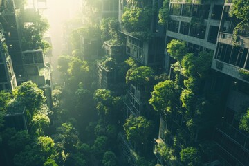 Aufkleber - Tall building covered in trees and foliage, with a dense urban environment in the background.