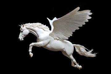 Poster - A beautiful white marble statue of a horse with large wings, perfect for use in fantasy or mythological themed designs.