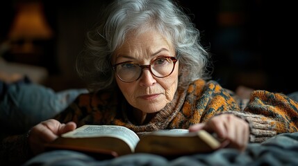 Wall Mural - sick senior woman,glasses reading bible in bed at home,in hospital.create by F.a