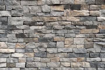 Aufkleber - Close-up view of brick wall with gray, brown bricks in staggered pattern. Rectangular bricks, varying sizes, create three-dimensional structure. Beige background contrasts with brick colors, focusing
