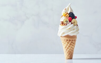 A delicious soft-serve ice cream cone topped with fresh fruits and nuts, perfect for a refreshing treat.