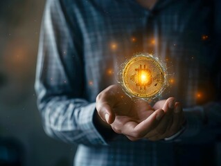 Poster - Businessman Holding Glowing Digital Coin Representing Cryptocurrency and Digital Asset Investments