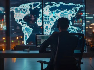 Poster - Businessman Analyzes Global Markets and Investment Strategies in Late Night Office Setting