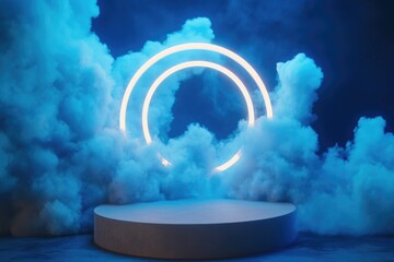 Poster - A circular light shines brightly on a dark stage, perfect for use as a background or lighting effect.
