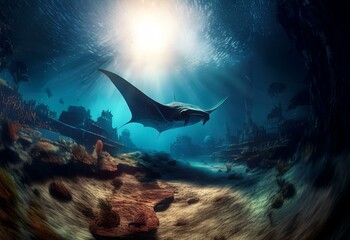 Aufkleber - An underwater scene featuring a manta ray swimming over a sunken city, bathed in sunlight.