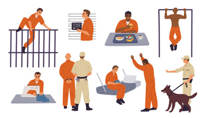 Cartoon people in prison. Prisoner characters. Men in orange jumpsuits. Lawbreakers serving time. Wardens and guards. Jail detention cells. Convicted guys. Garish vector criminal set