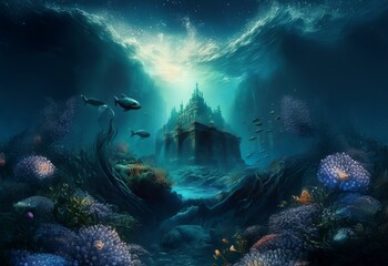 Aufkleber - An underwater scene with a large, stone structure in the background, surrounded by fish, seaweed, and coral.