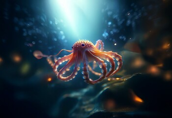 Aufkleber - An orange octopus with its tentacles outstretched, illuminated by a bright light, swims through a dark, deep blue ocean.