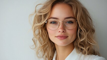 Young adult stylish confident attractive smiling blonde European business woman, beautiful lady pretty model with curly blond hair wearing glasses looking at camera, close up face portrait