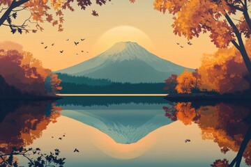 Poster - Serene mountain landscape with a calm lake in the foreground, ideal for travel or outdoor-themed projects.