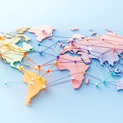 Colorful world map connected with lines, representing communication and global networking in a modern digital age.