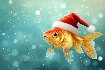 goldfish in santa hat swimming in the sea on christmas